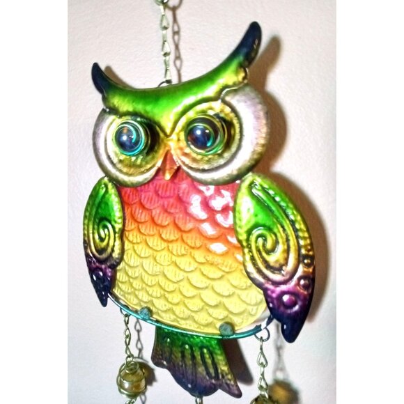 Metal Owl Wind Chime Bell Colorful Glass Accent Hanging Hook Outdoor Decor 21 In - Picture 2 of 16